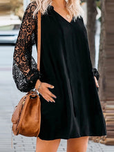 V-Neck Puff Sleeve Pleated Spliced Solid Casual Dress For Women